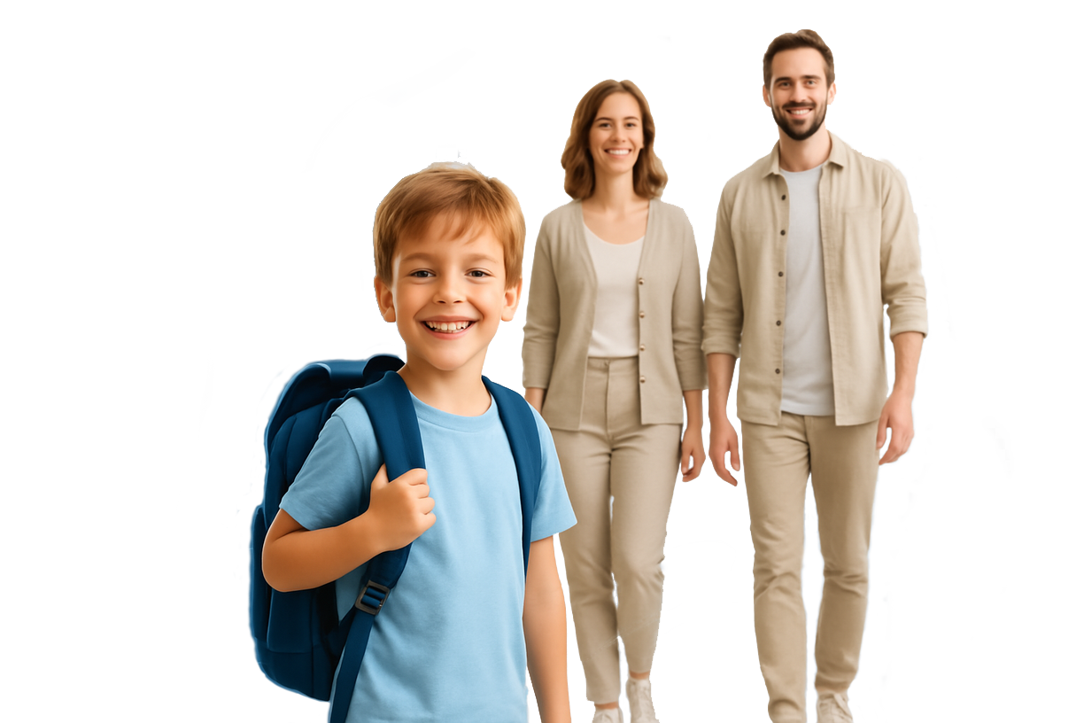 Glückliches Kind mit Schulrucksack und Eltern