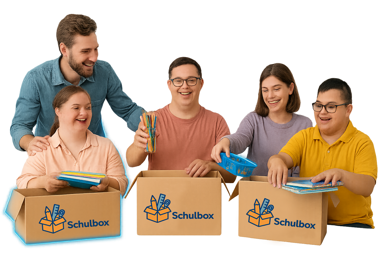 Menschen mit Behinderung verpacken Schulboxen mit Freude